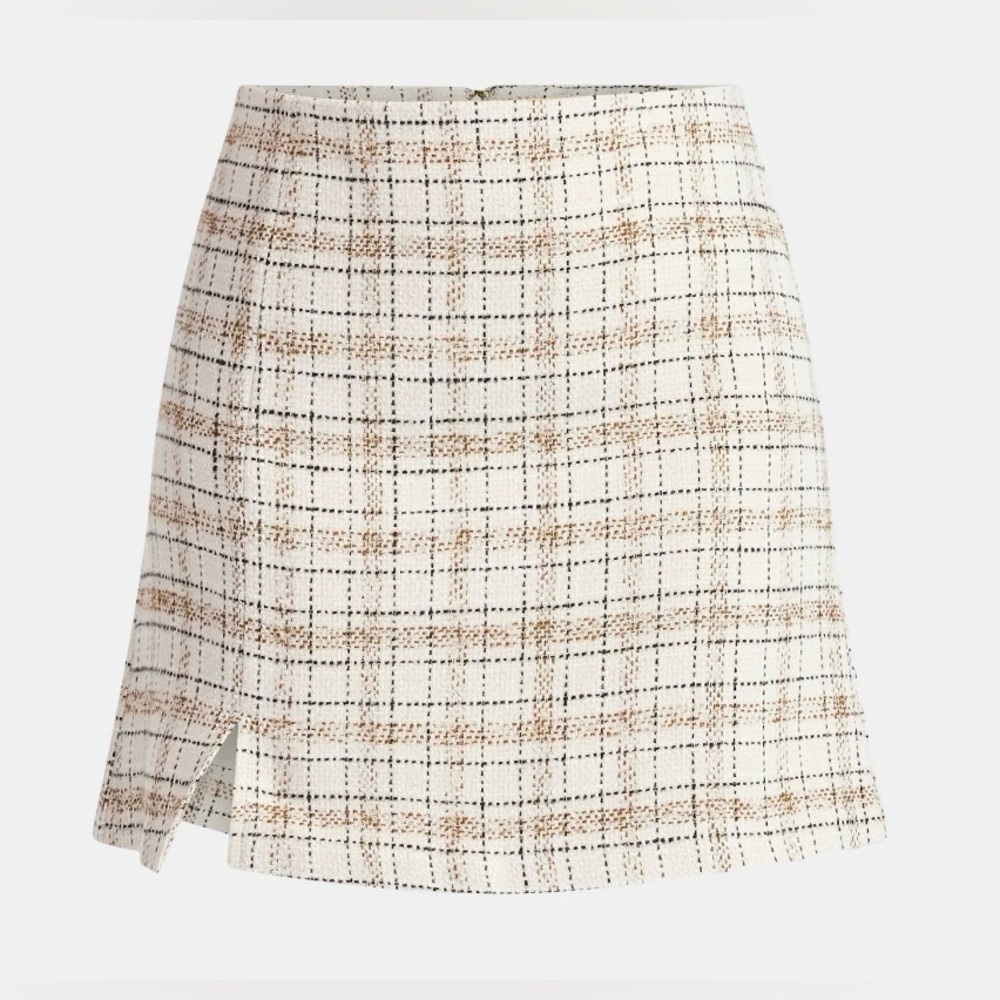 NWT Time and Tru Tweed Mini‎ Skirt Plaid Beige Size 4 Lined Side Slit